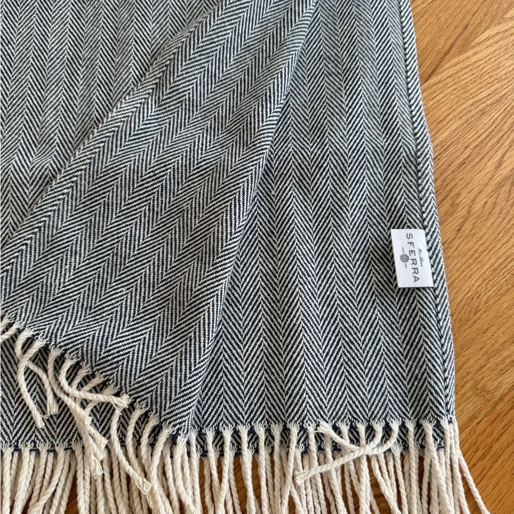 Sferra Navy Herringbone Throw Blanket with Fringe